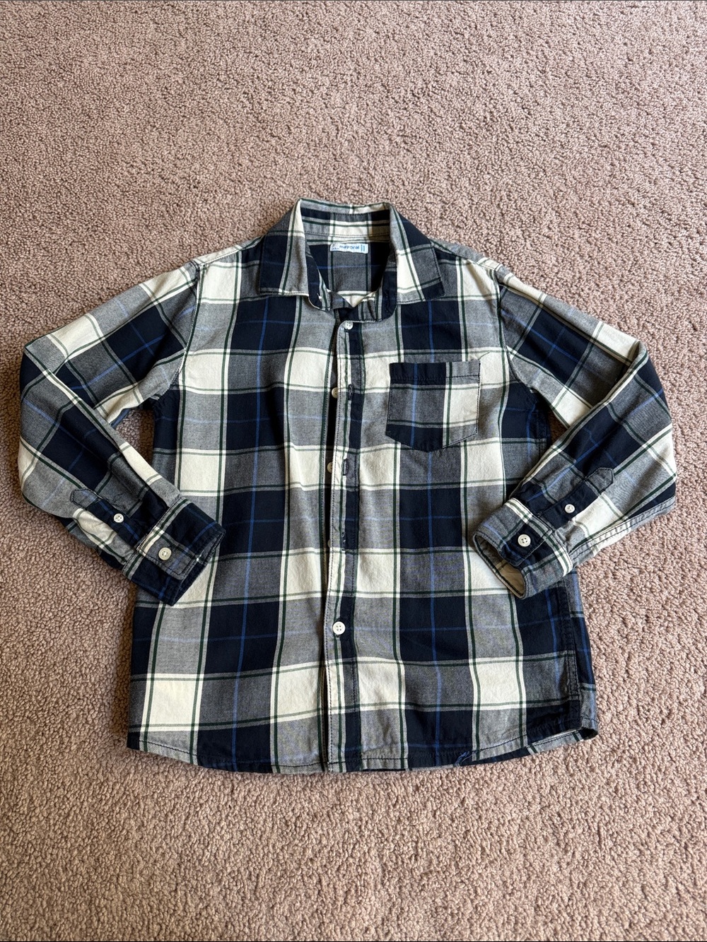 Mayoral Boys Plaid Button-Up Shirt - Navy and Cream, size 7